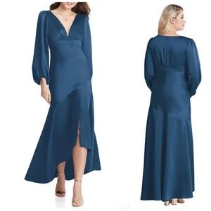 LOVELY Teagan Long Sleeve Blue Charmeuse High/Low Bridesmaid Dress Size 4 NEW